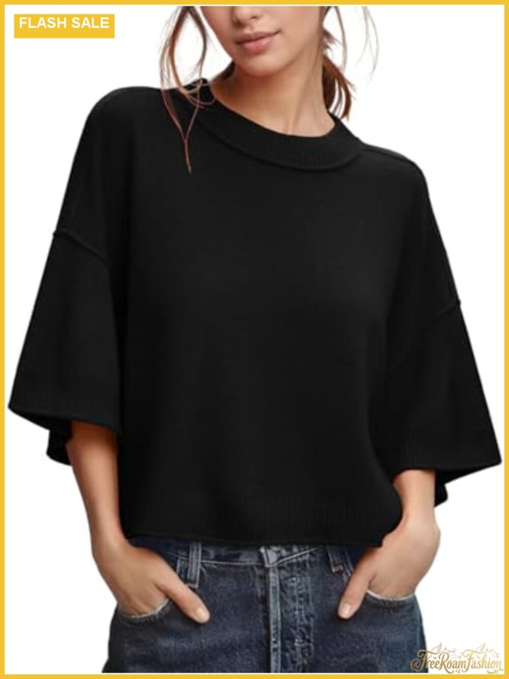 Womens Cropped Knit Sweater 3/4 Sleeve Crew Neck Loose Fit Pullover Top